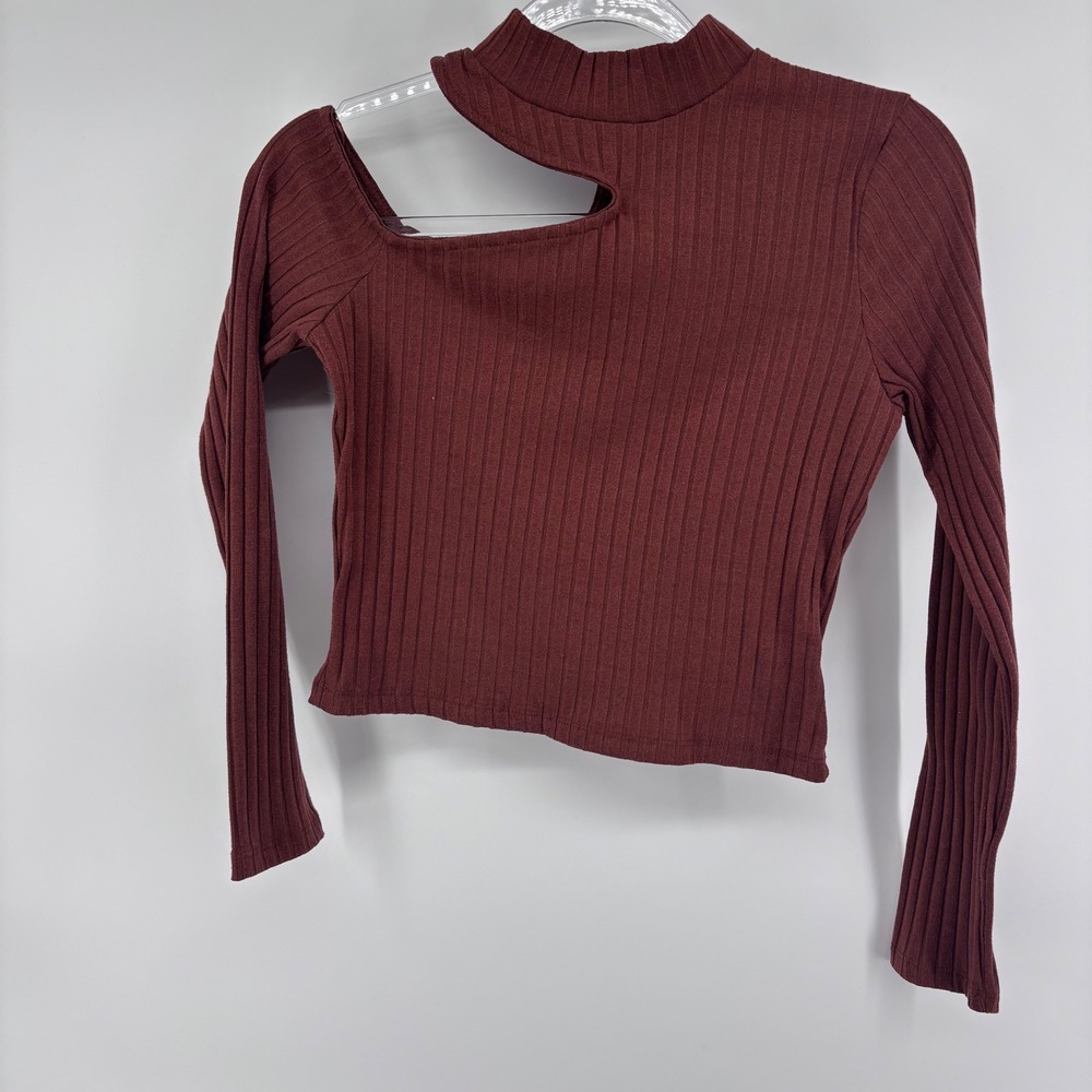 Good Luck Gem Womens Top Ribbed Mock Neck Long Sleeve Cut Out Burgundy Small